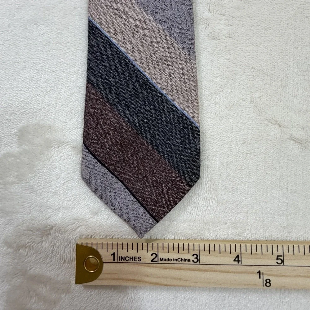 Vintage Paco Rabanne‎ Wide Striped Silk Tie in Purple Varied Grays and Pale Blue